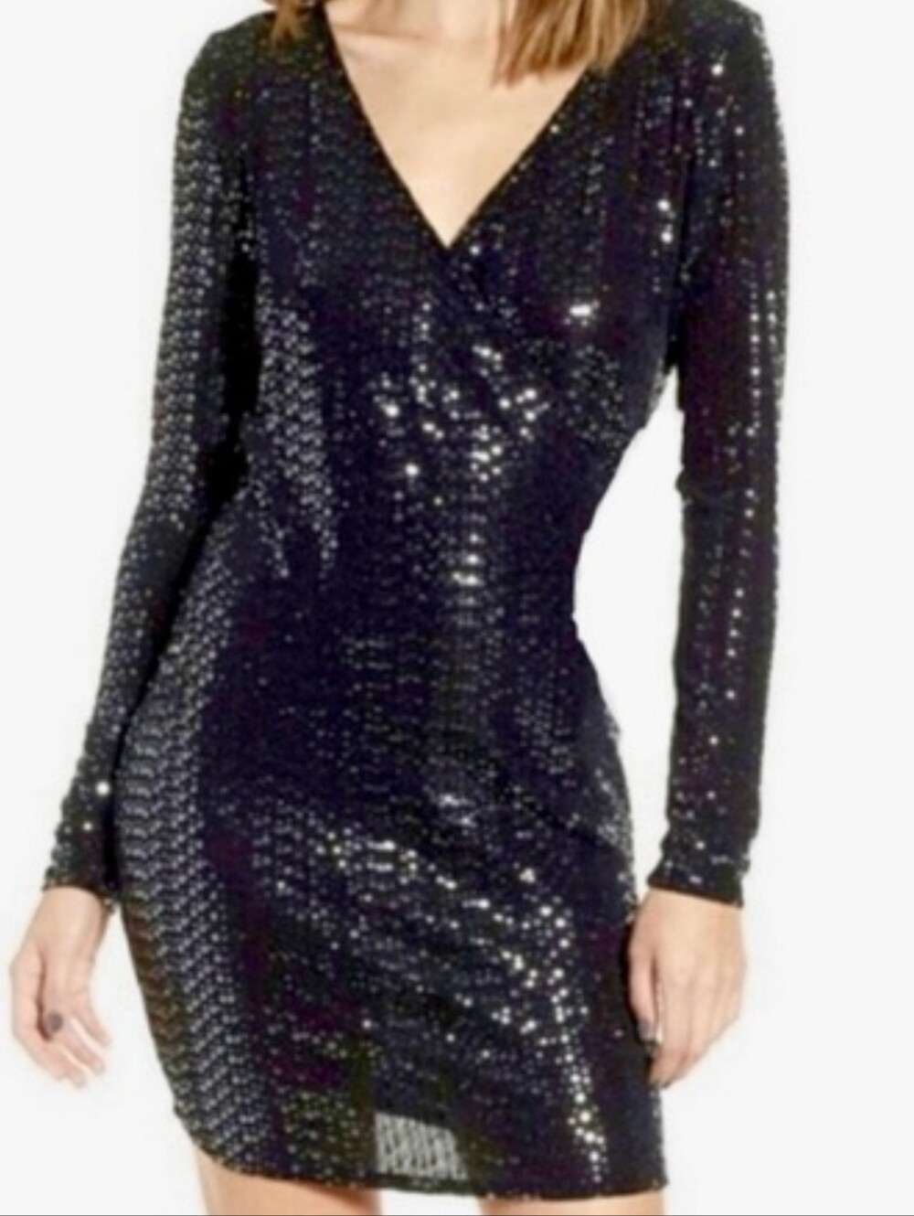 Leith Black Sequin V-Neck Long-Sleeve Mini DressLeith Black Sequin Cocktail Part